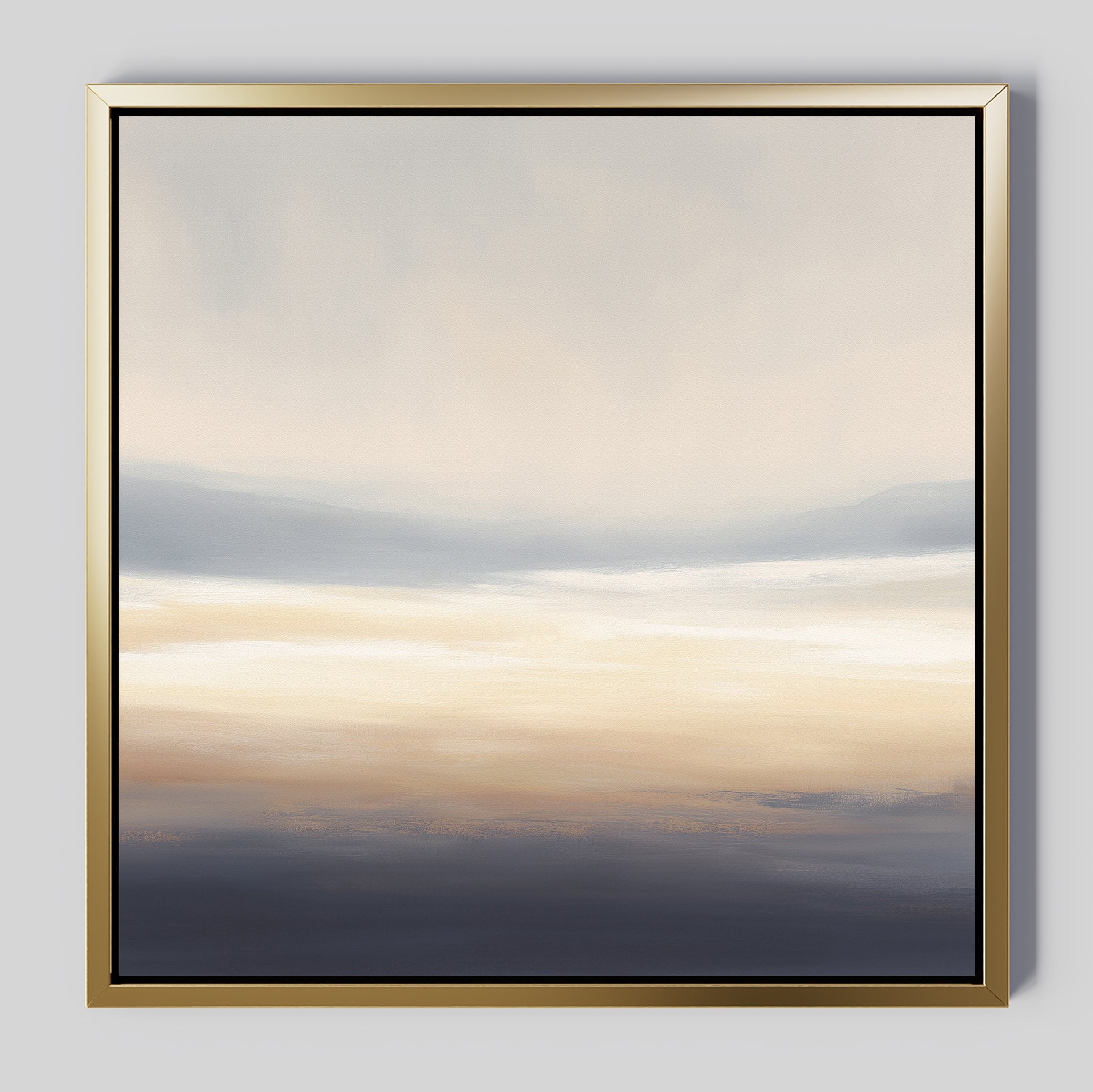 The Layered Dusk Canvas Art - Square features soft, blended hues from dark blue to beige, cream, and light gray in a tranquil abstract style. Set in a gold frame with subtle Nordic Park inspiration, it brings calm contemporary elegance to any space.