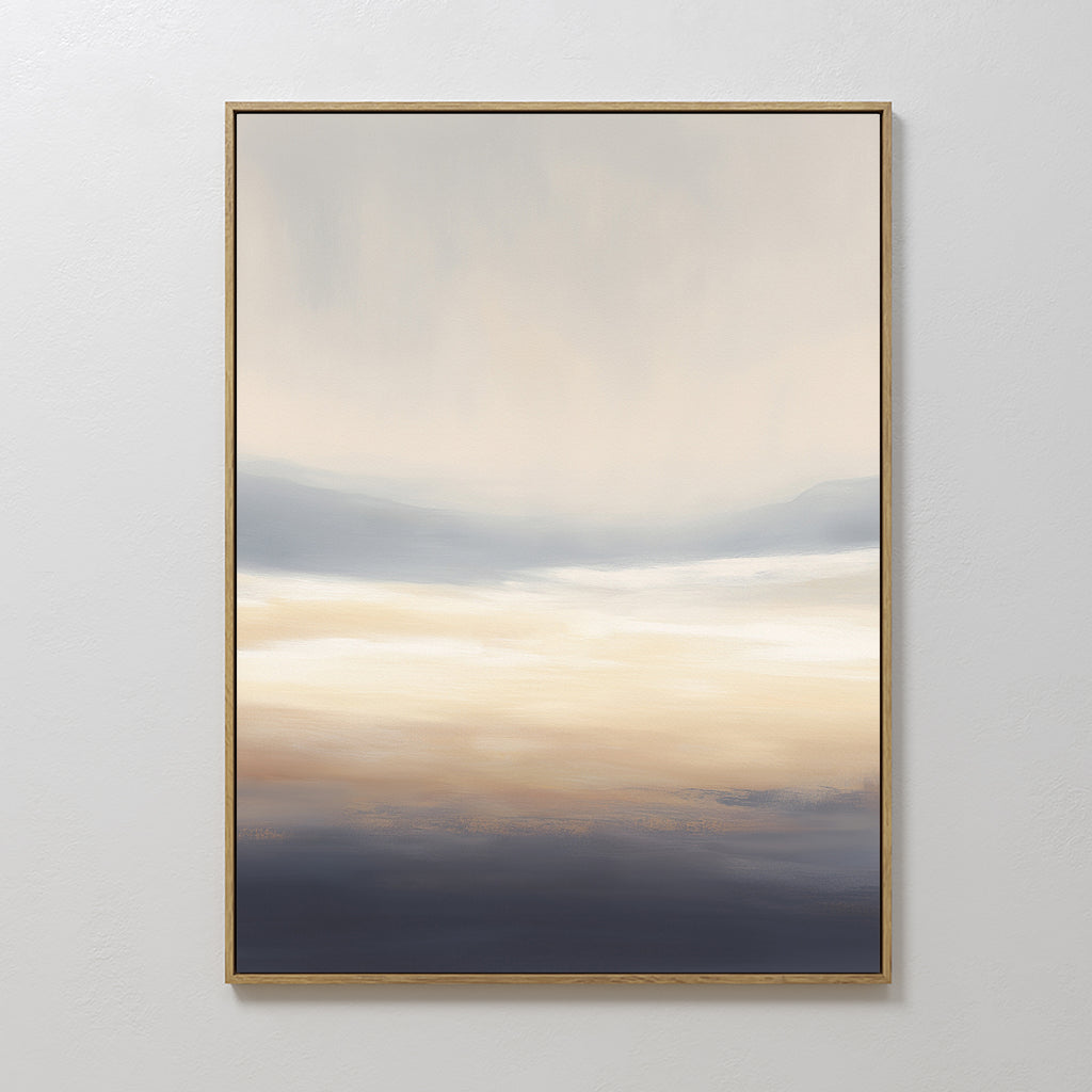 The Layered Dusk Canvas Art - Vertical features soft gradients of beige, cream, blue, and gray that evoke a calm Nordic park scene. This framed abstract print transitions smoothly from a light center to deeper tones at the base.