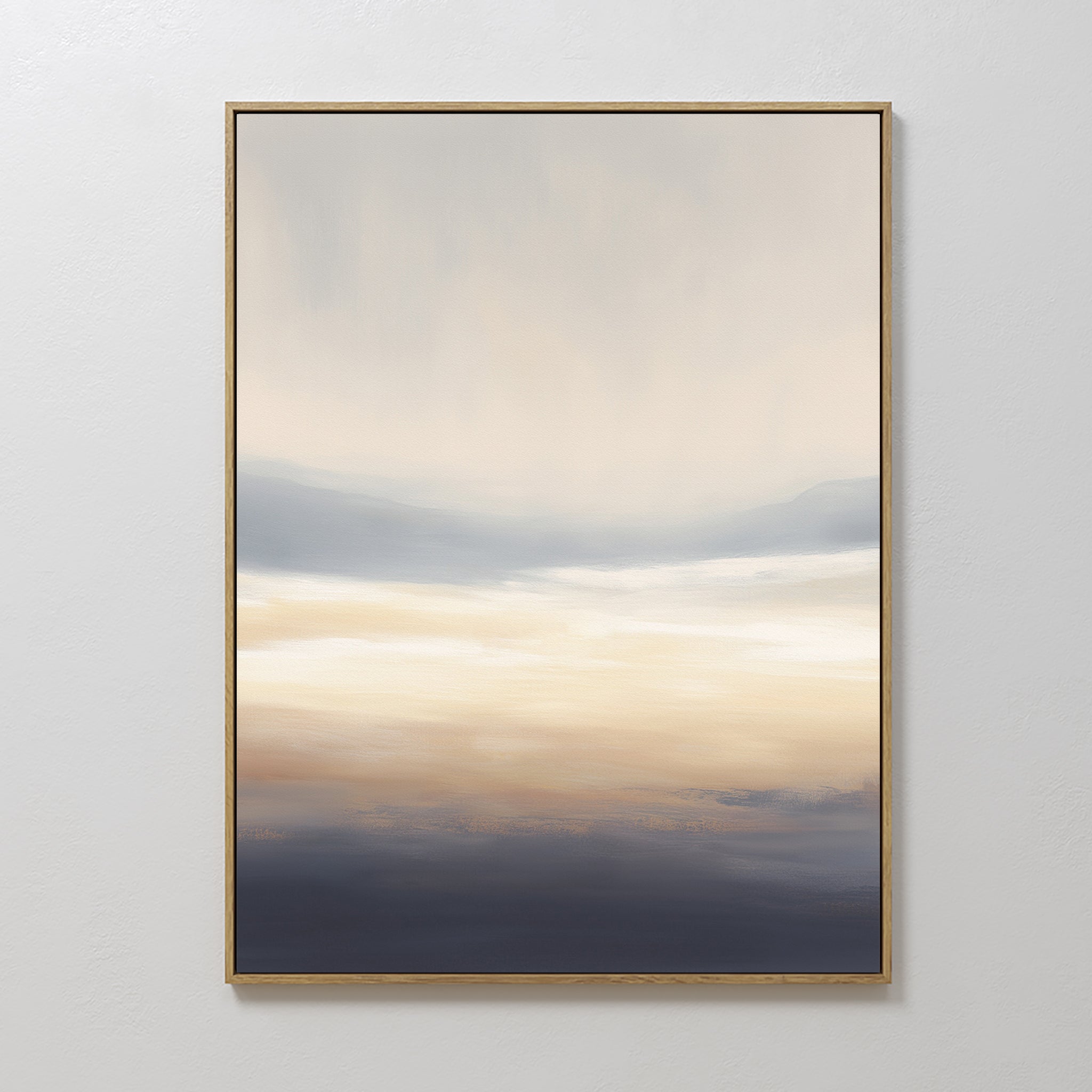The Layered Dusk Canvas Art - Vertical features soft gradients of beige, cream, blue, and gray that evoke a calm Nordic park scene. This framed abstract print transitions smoothly from a light center to deeper tones at the base.
