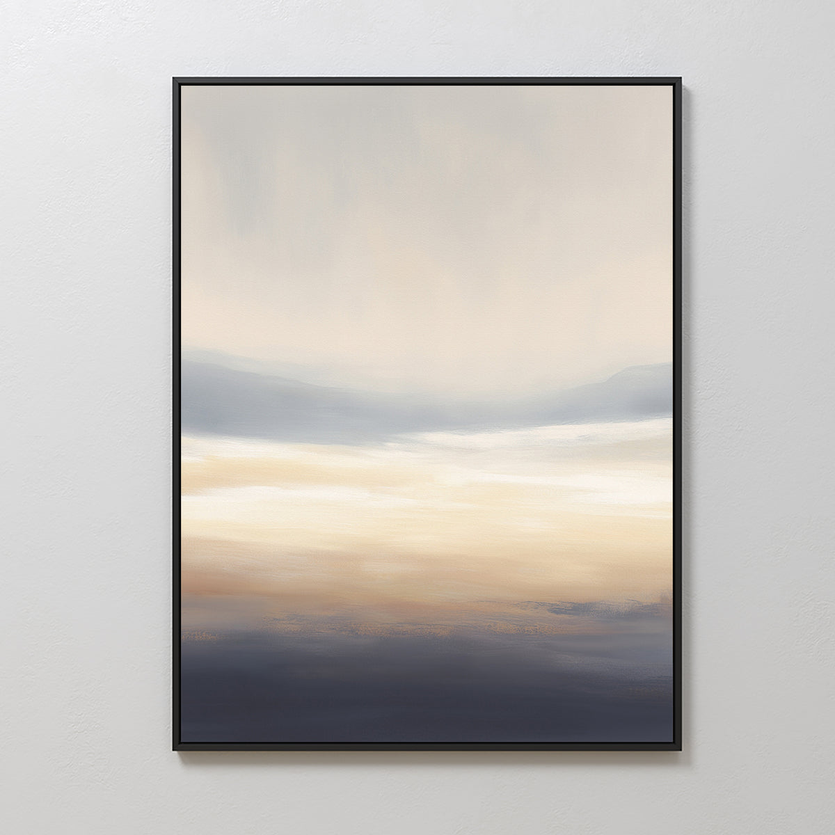 The Layered Dusk Canvas Art - Vertical features soft, blended shades of beige, white, blue, and gray that evoke a tranquil Nordic landscape. This framed abstract print adds serenity to any light-colored wall.