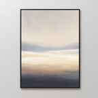 The Layered Dusk Canvas Art - Vertical features soft, blended shades of beige, white, blue, and gray that evoke a tranquil Nordic landscape. This framed abstract print adds serenity to any light-colored wall.