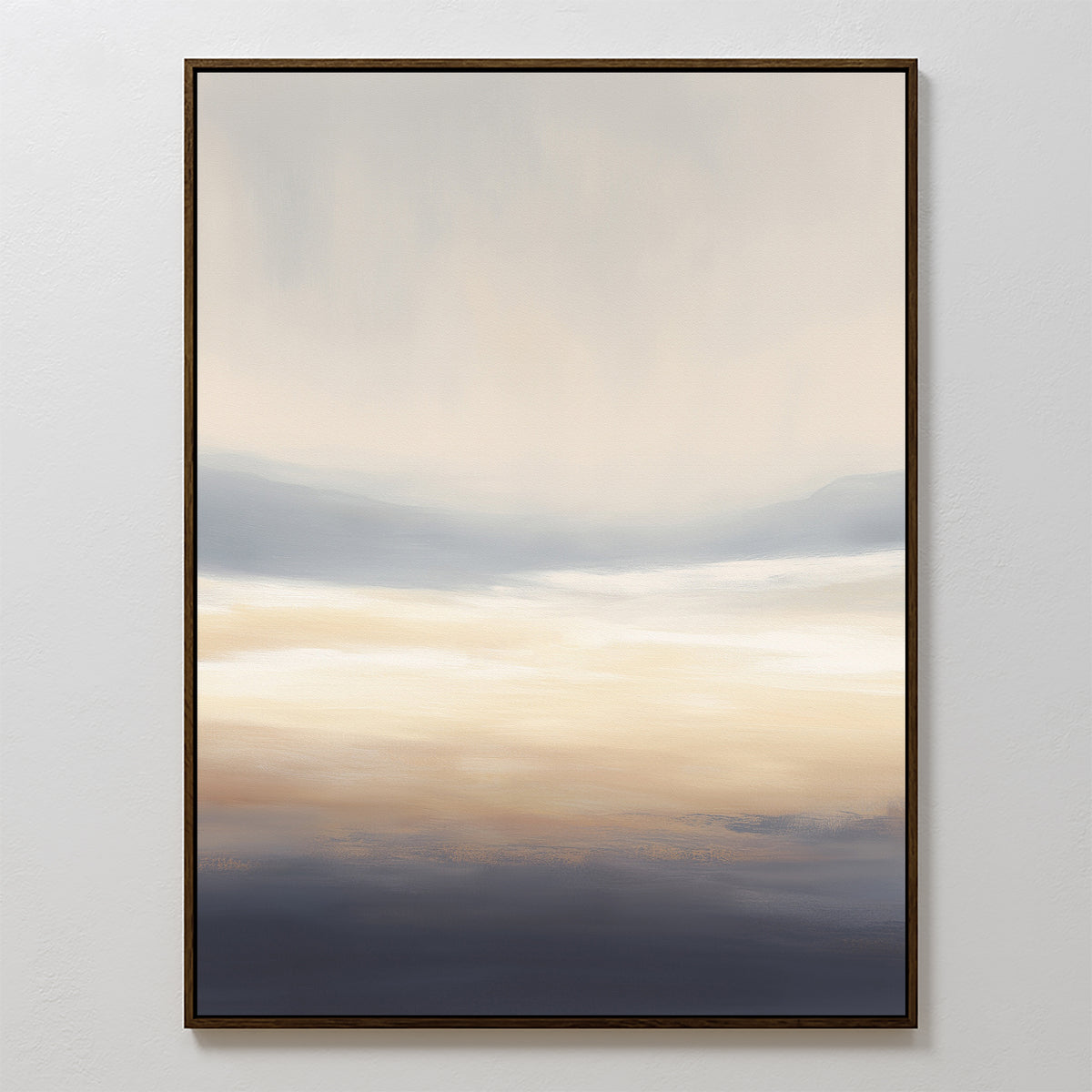 The Layered Dusk Canvas Art - Vertical features an abstract Nordic Park landscape in soft beige, white, gray, and blue hues. Framed with a thin dark border, this calming wall art makes a serene addition to any light-colored space.