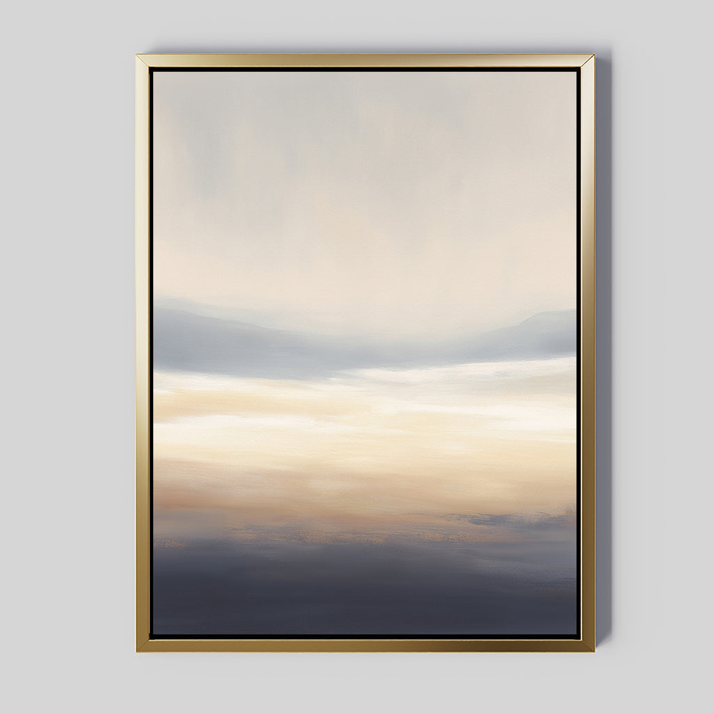 Layered Dusk Canvas Art - Vertical features soft, blended shades of beige, white, gray, and navy with a thin gold frame—Nordic Park-inspired minimalist wall art that adds calm and atmosphere to any light gray wall.