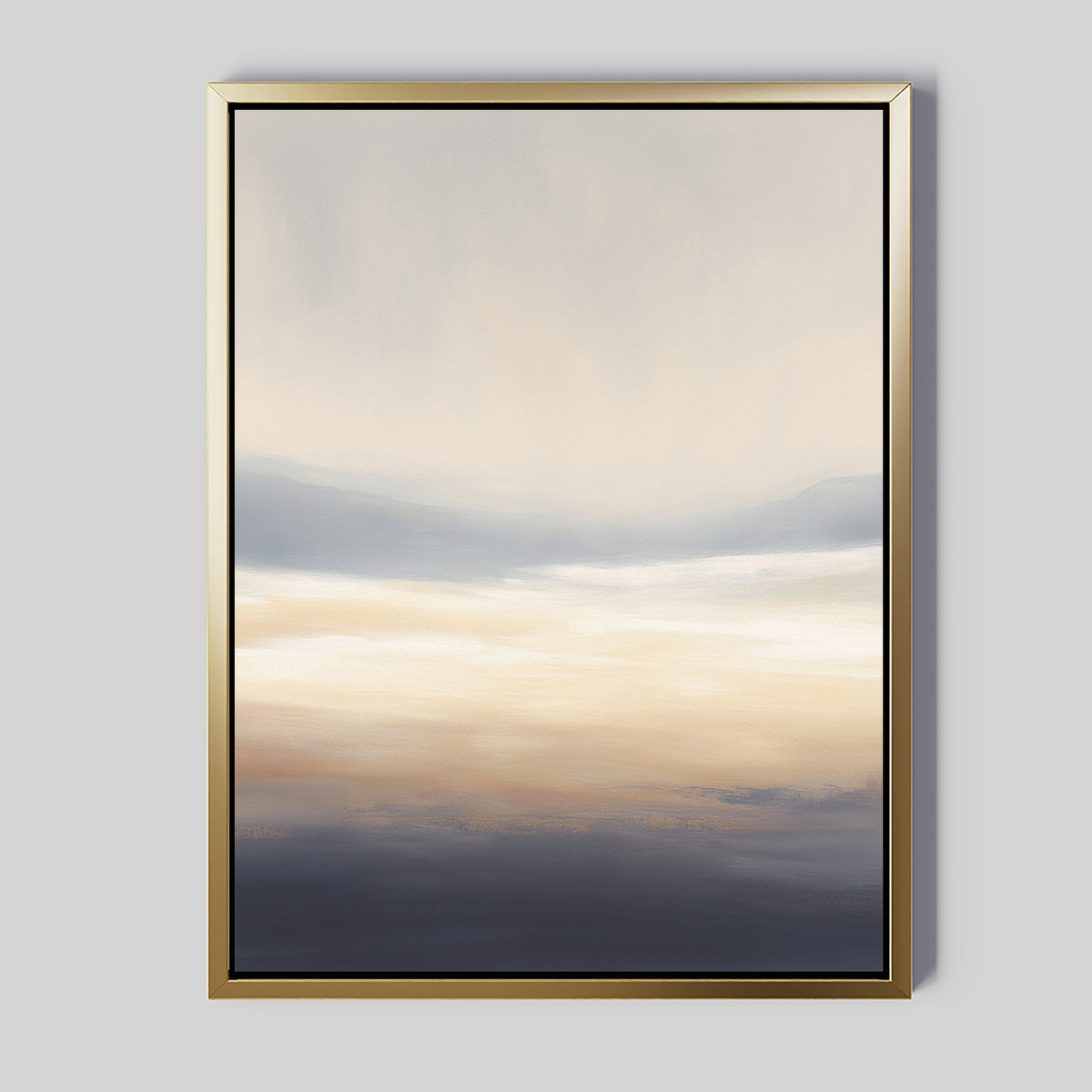 Layered Dusk Canvas Art - Vertical features soft, blended shades of beige, white, gray, and navy with a thin gold frame—Nordic Park-inspired minimalist wall art that adds calm and atmosphere to any light gray wall.