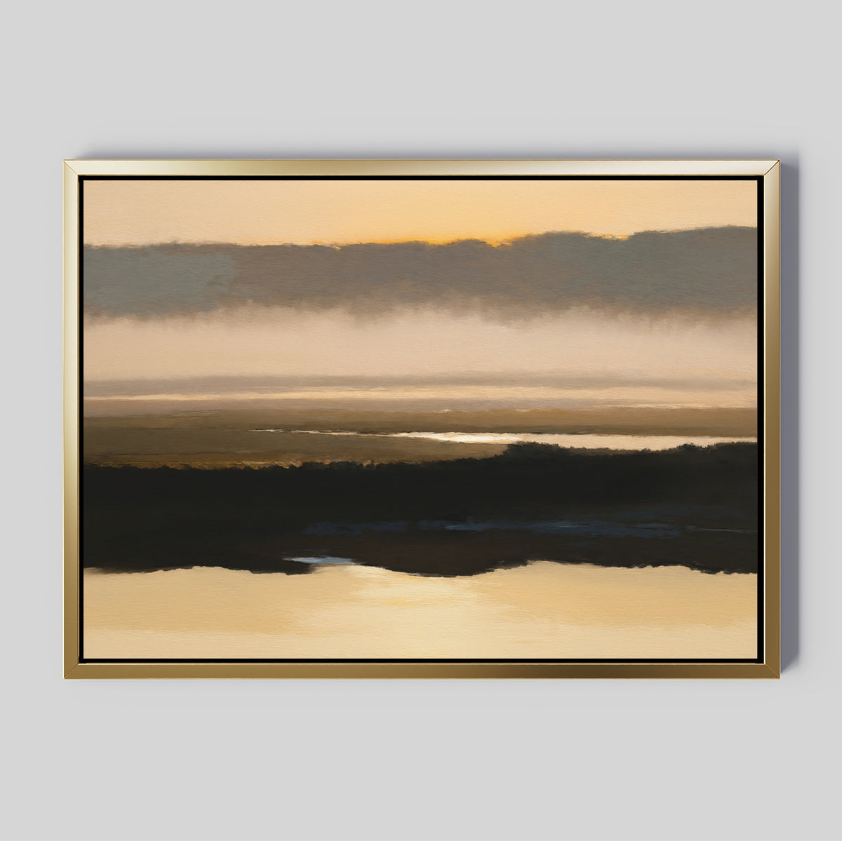 The Layered Valley Dawn Canvas Art - Horizontal showcases a serene landscape with soft, muted colors and calm water reflecting a dramatic sky at dawn—ideal wall art for adding tranquil elegance to your space.
