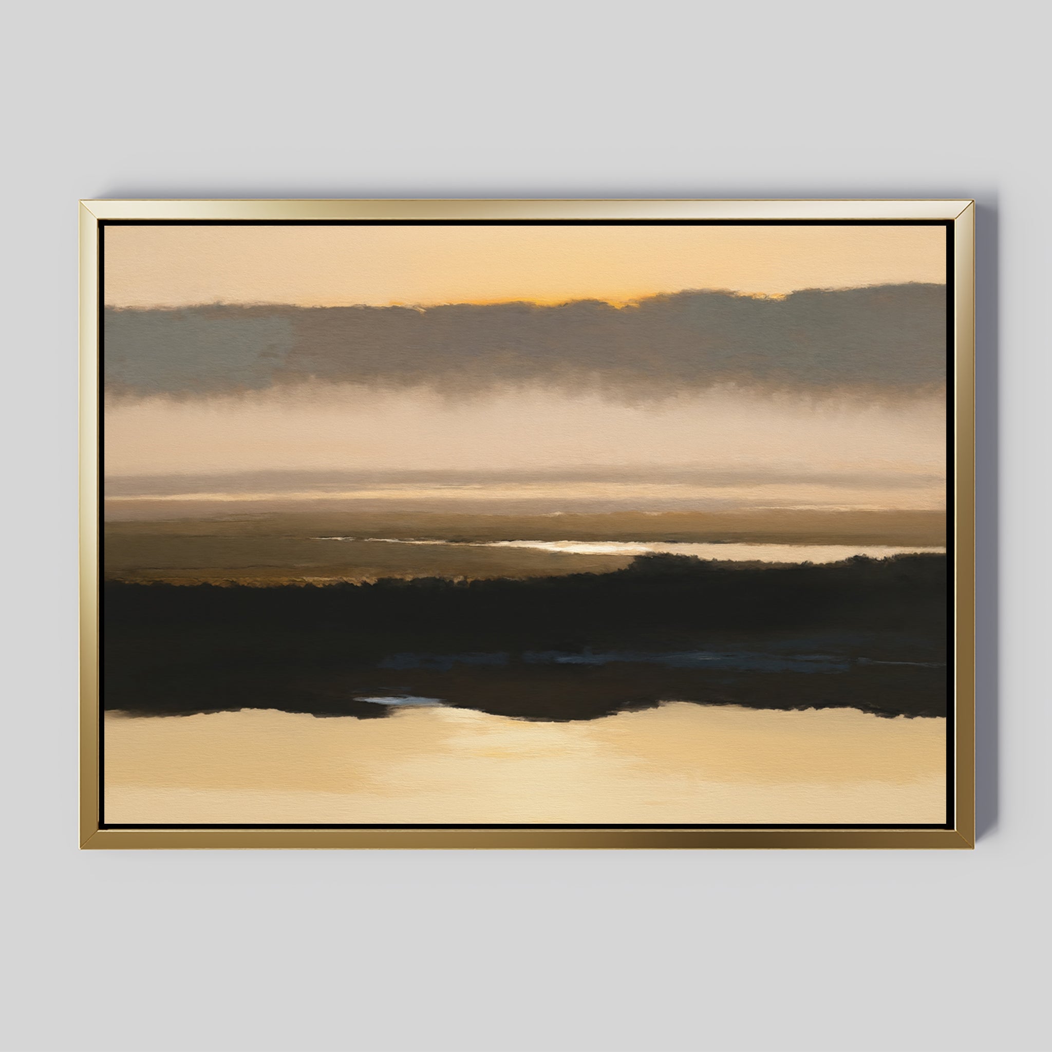 The Layered Valley Dawn Canvas Art - Horizontal showcases a serene landscape with soft, muted colors and calm water reflecting a dramatic sky at dawn—ideal wall art for adding tranquil elegance to your space.