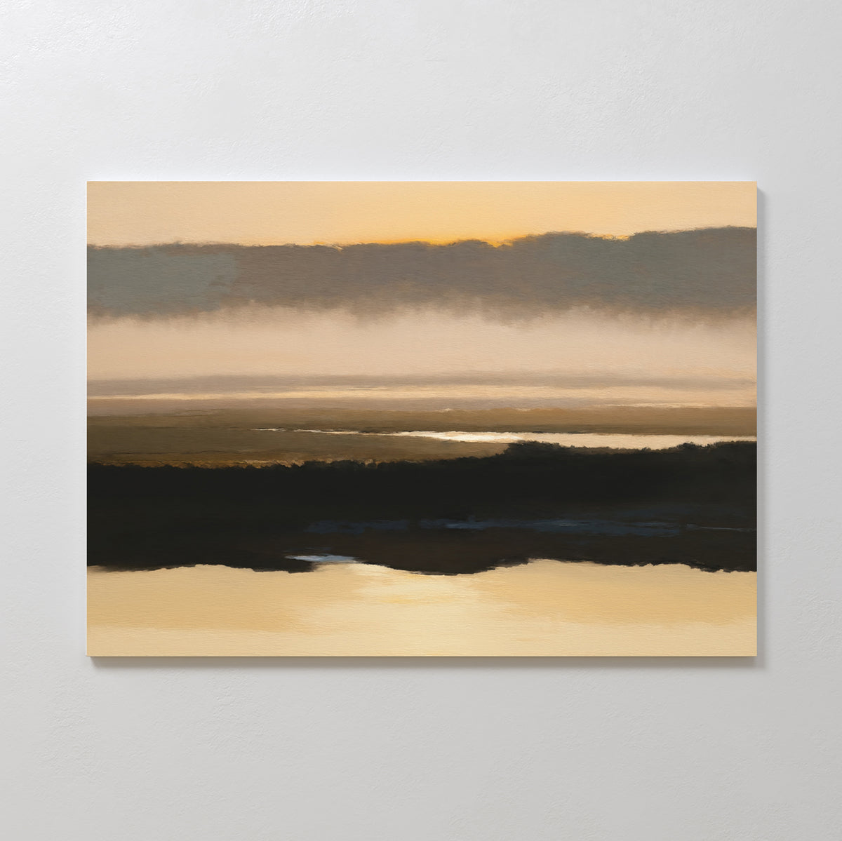 Layered Valley Dawn Canvas Art - Horizontal features an abstract sunrise or sunset landscape with soft gold, brown, and gray bands, water reflections, and a misty ambiance—ideal as serene decor or a landscape print for your wall.