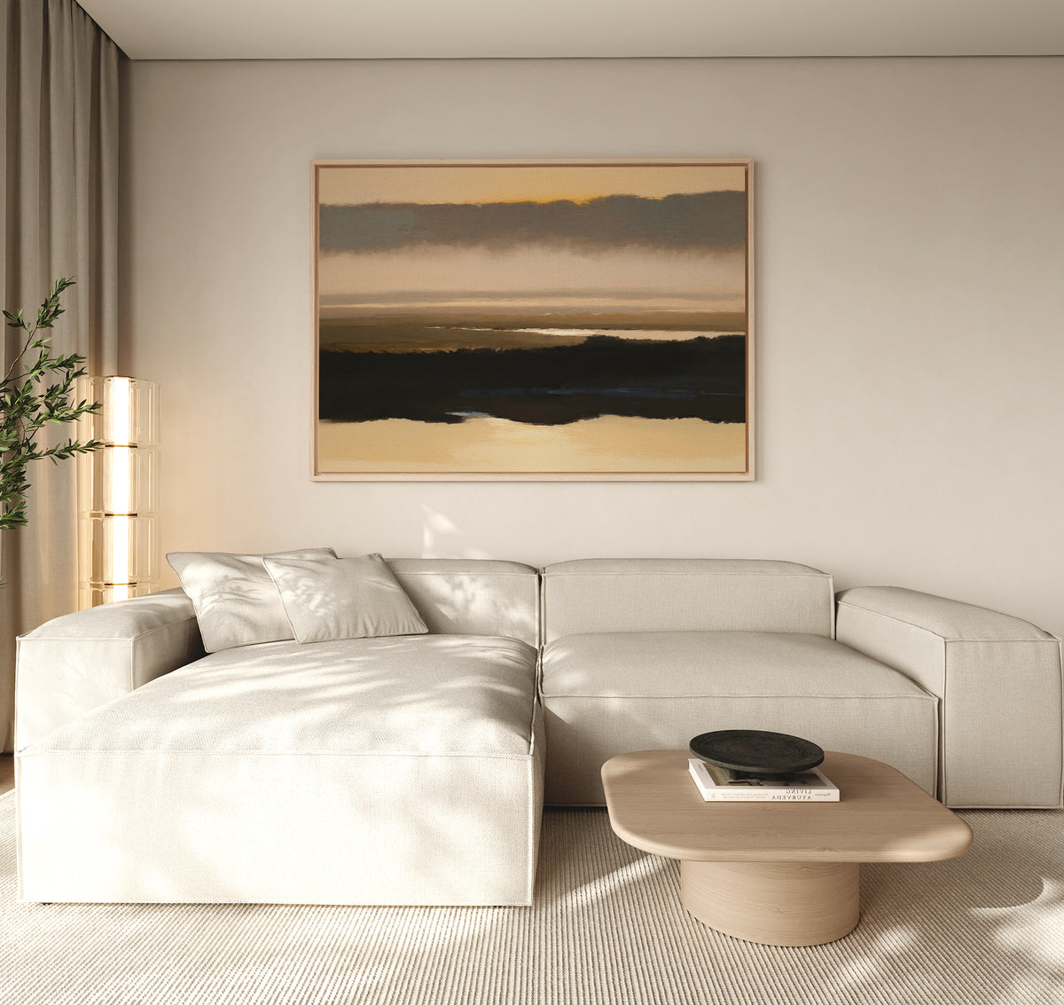 Minimalist living room with a light beige sectional sofa, low wooden coffee table with a black bowl, sheer curtains, a tall plant in the corner, and Layered Valley Dawn Canvas Art - Horizontal as striking landscape wall decor.