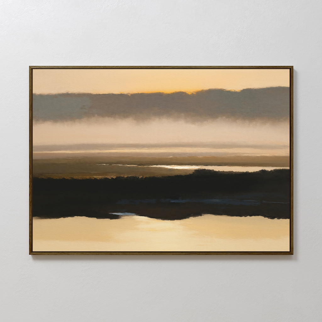 The Layered Valley Dawn Canvas Art - Horizontal features tranquil wall art with golden, brown, and black horizontal bands that evoke a misty sunrise or sunset, perfect for adding serene decor to any room.