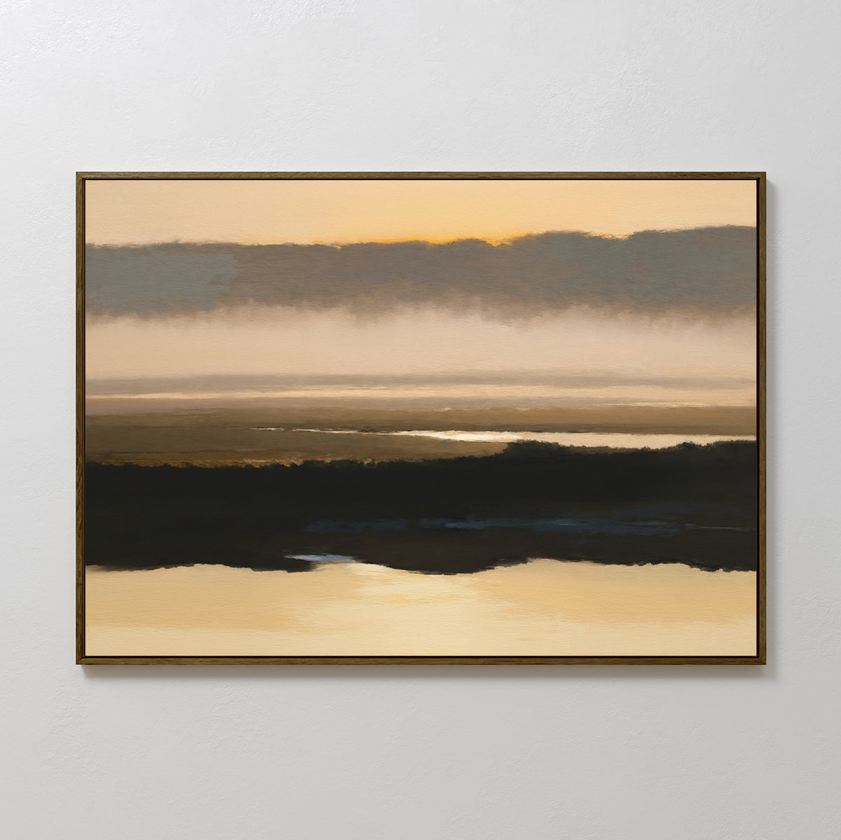 The Layered Valley Dawn Canvas Art - Horizontal features tranquil wall art with golden, brown, and black horizontal bands that evoke a misty sunrise or sunset, perfect for adding serene decor to any room.