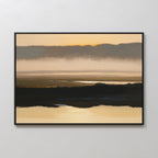 Layered Valley Dawn Canvas Art - Horizontal features a serene sunset with golden, brown, and gray tones, calm reflective water, and soft clouds—ideal wall art for tranquil decor.