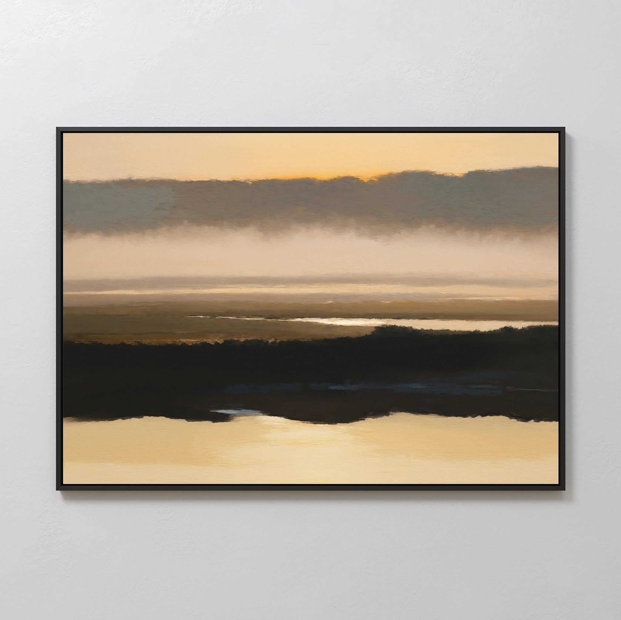 Layered Valley Dawn Canvas Art - Horizontal features a serene sunset with golden, brown, and gray tones, calm reflective water, and soft clouds—ideal wall art for tranquil decor.