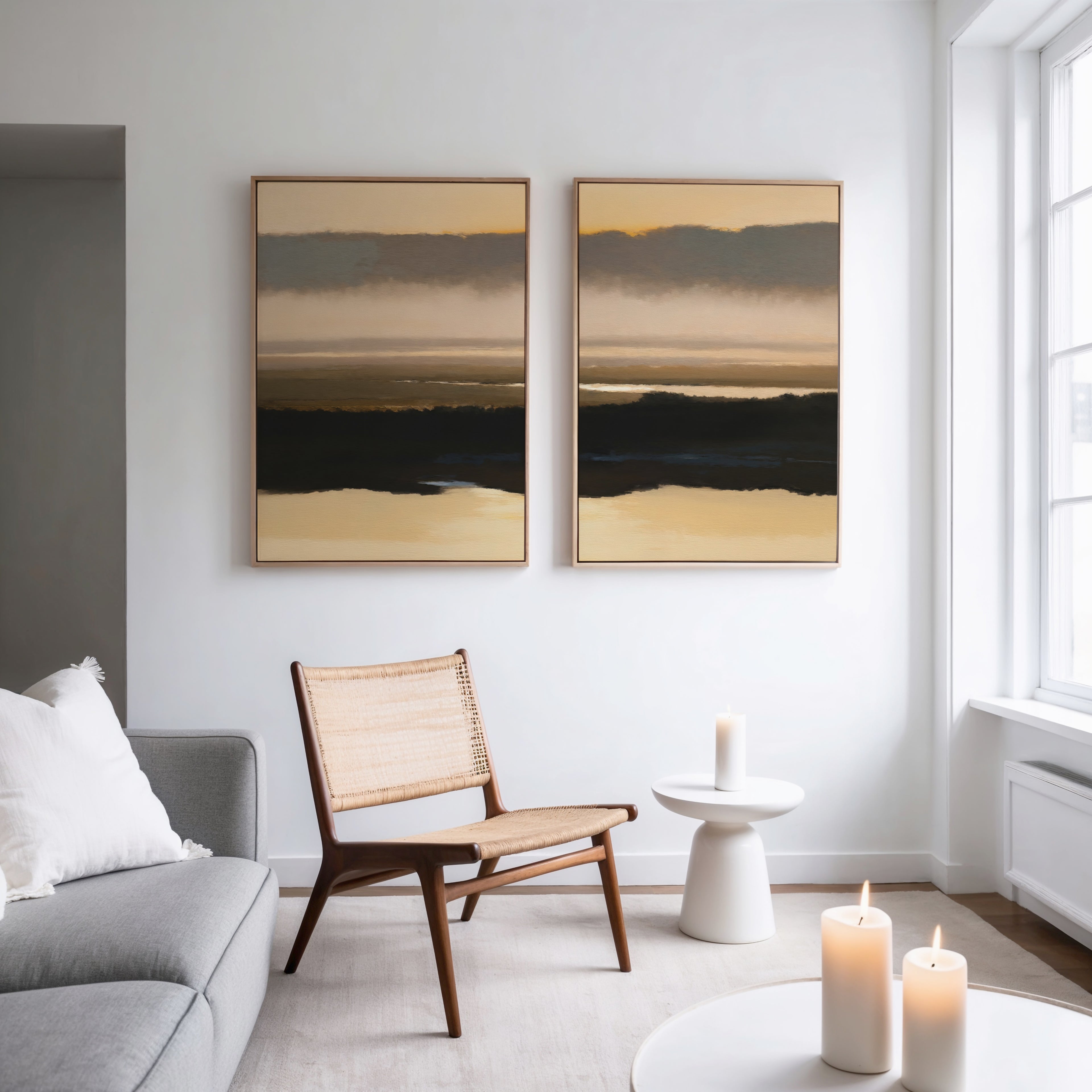 A modern living room with a neutral palette features a wooden chair, round side table, gray sofa, and Layered Valley Dawn - Set Of 2 wall art above the chair, bringing natural serenity to the space.