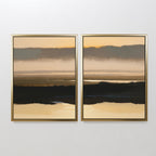 Layered Valley Dawn - Set Of 2: Two framed abstract landscape prints hang side by side, featuring layered bands of beige, brown, and black—tranquil wall art evoking the natural serenity of sunrise or sunset reflected over water.