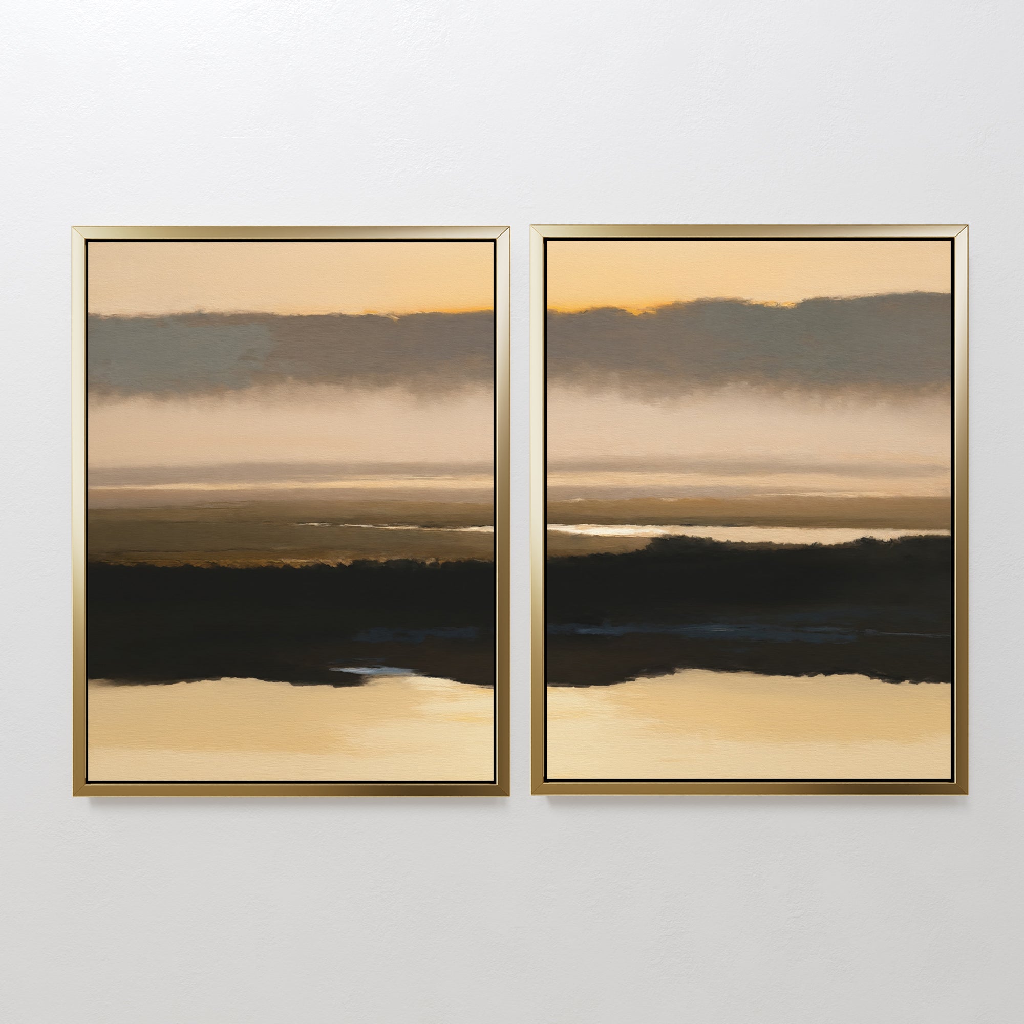Layered Valley Dawn - Set Of 2: Two framed abstract landscape prints hang side by side, featuring layered bands of beige, brown, and black—tranquil wall art evoking the natural serenity of sunrise or sunset reflected over water.