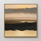 Bring tranquility to any space with the Layered Valley Dawn Canvas Art - Square. This framed print showcases a golden sunrise over serene water and dark valleys, rendered in soft, muted tones for a calming wall decor accent.