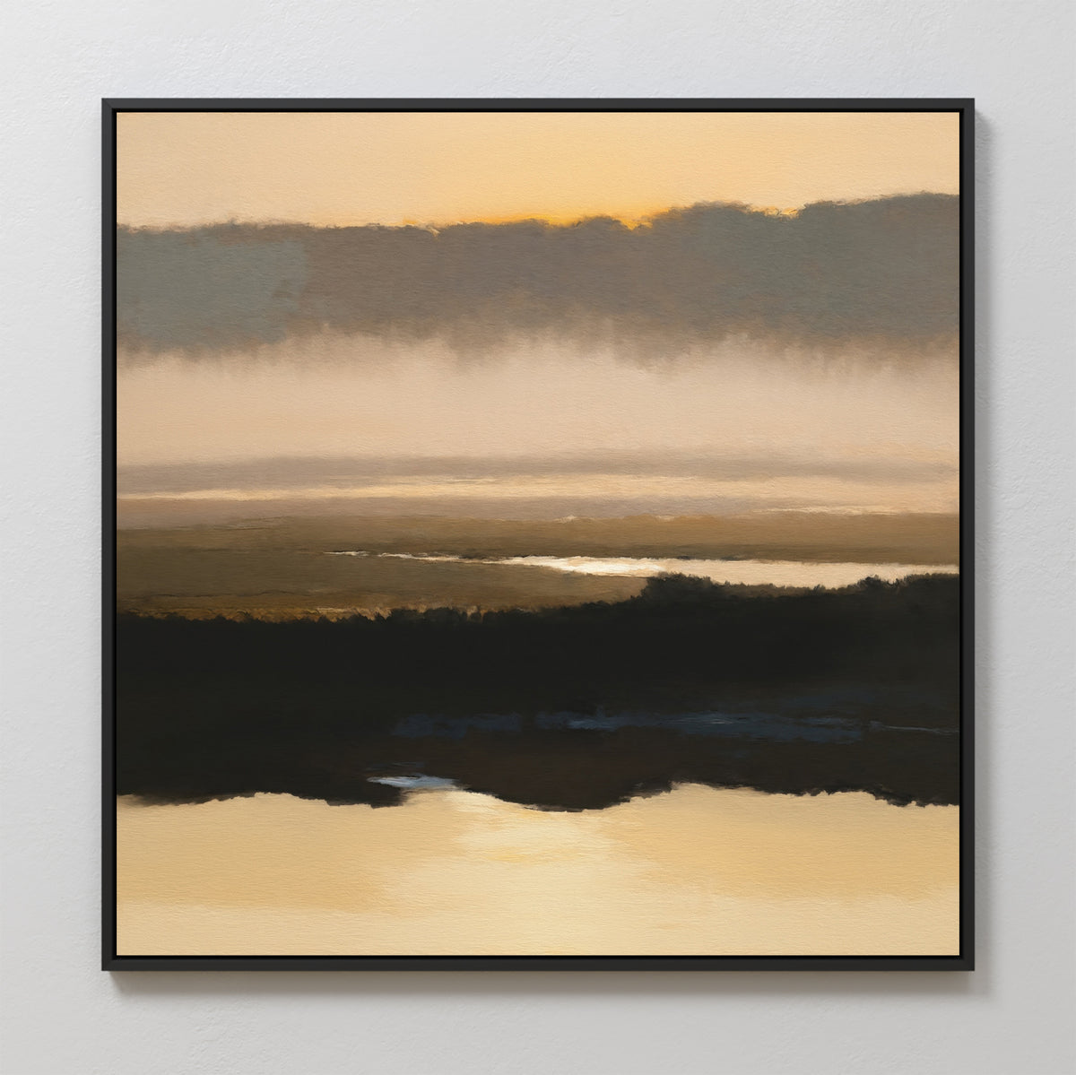 Layered Valley Dawn Canvas Art - Square: A framed print of a tranquil sunrise over misty valleys, soft muted tones and gentle reflections create peaceful wall art to enhance any space.
