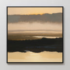 Layered Valley Dawn Canvas Art - Square: A framed print of a tranquil sunrise over misty valleys, soft muted tones and gentle reflections create peaceful wall art to enhance any space.