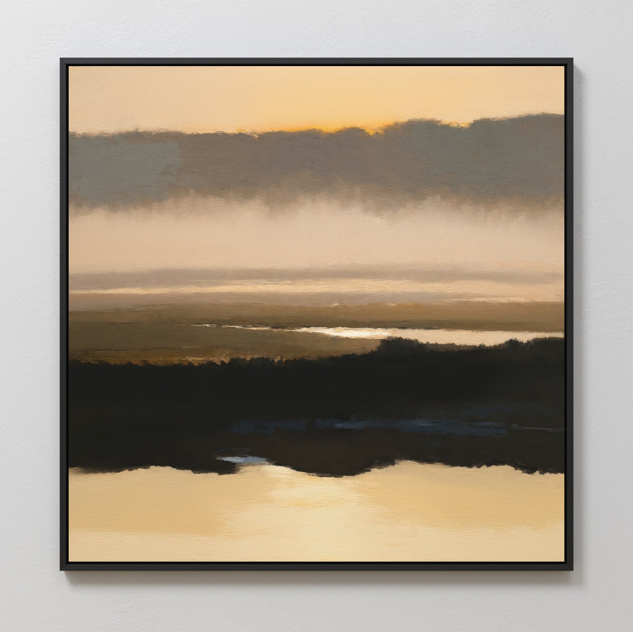 Layered Valley Dawn Canvas Art - Square: A framed print of a tranquil sunrise over misty valleys, soft muted tones and gentle reflections create peaceful wall art to enhance any space.