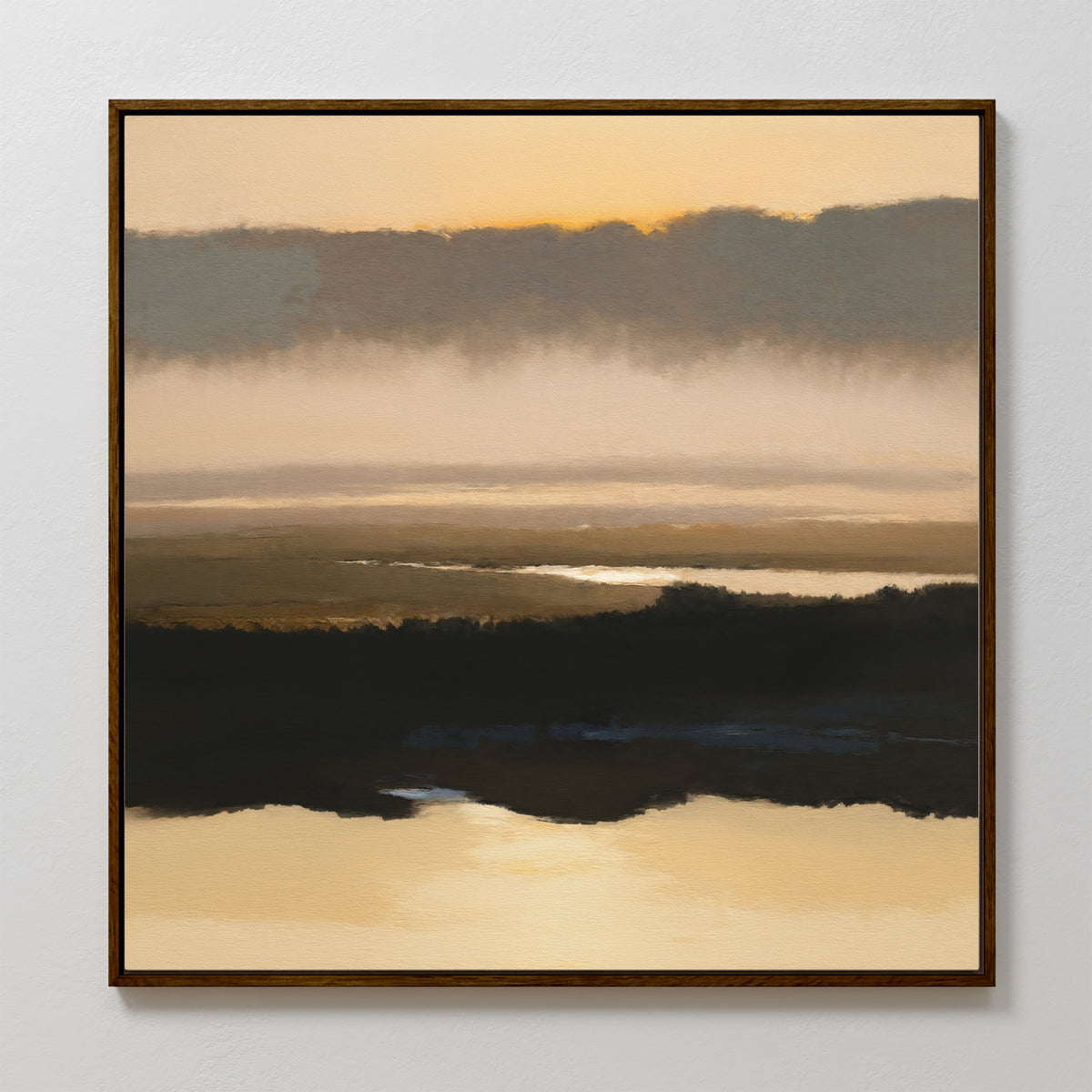 The Layered Valley Dawn Canvas Art - Square features soft, muted colors and layered bands that suggest water, land, and sky at sunrise. Warm tones blend with dark shapes to create a tranquil, serene abstract landscape for your wall.