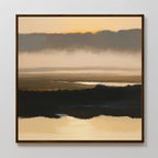 The Layered Valley Dawn Canvas Art - Square features soft, muted colors and layered bands that suggest water, land, and sky at sunrise. Warm tones blend with dark shapes to create a tranquil, serene abstract landscape for your wall.