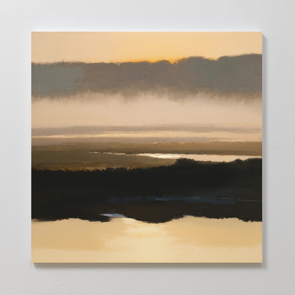The Layered Valley Dawn Canvas Art - Square features a serene landscape with soft sunrise or sunset hues, misty clouds, and golden reflections on calm water—perfect for adding tranquility to any space.