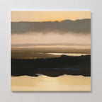 The Layered Valley Dawn Canvas Art - Square features a serene landscape with soft sunrise or sunset hues, misty clouds, and golden reflections on calm water—perfect for adding tranquility to any space.