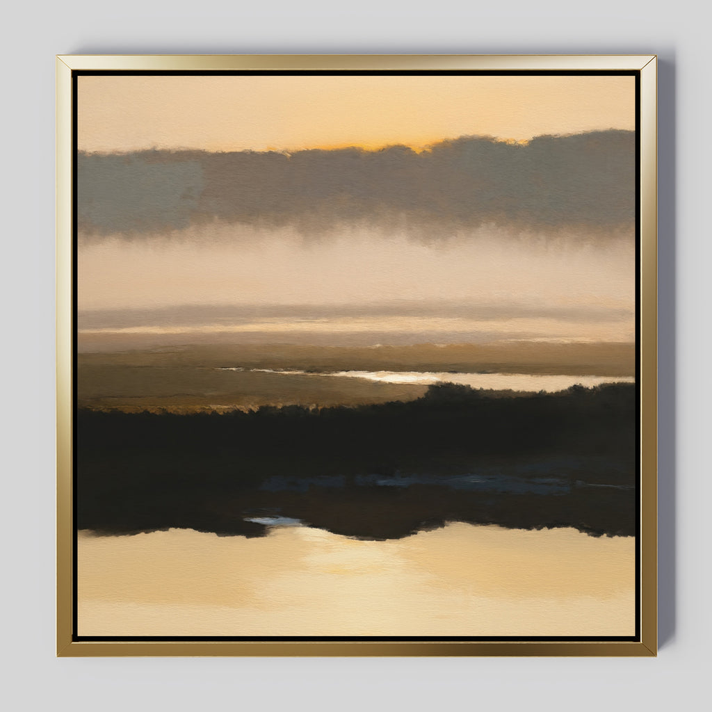 Layered Valley Dawn Canvas Art - Square features a misty sunrise in soft orange and yellow tones above dark silhouettes and reflective water, offering tranquil wall art that creates a calm, peaceful atmosphere.
