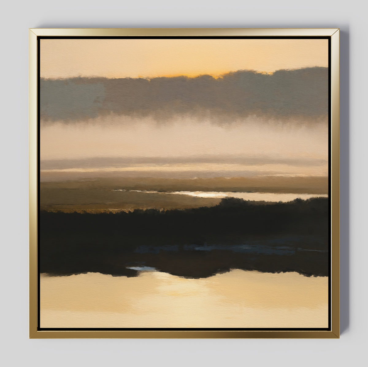Layered Valley Dawn Canvas Art - Square features a misty sunrise in soft orange and yellow tones above dark silhouettes and reflective water, offering tranquil wall art that creates a calm, peaceful atmosphere.