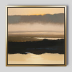 Layered Valley Dawn Canvas Art - Square features a misty sunrise in soft orange and yellow tones above dark silhouettes and reflective water, offering tranquil wall art that creates a calm, peaceful atmosphere.