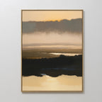 The Layered Valley Dawn Canvas Art - Vertical features a peaceful sunrise with golden skies, soft clouds, and reflective water bordered by dark valleys—an ideal tranquil wall art piece for any space.