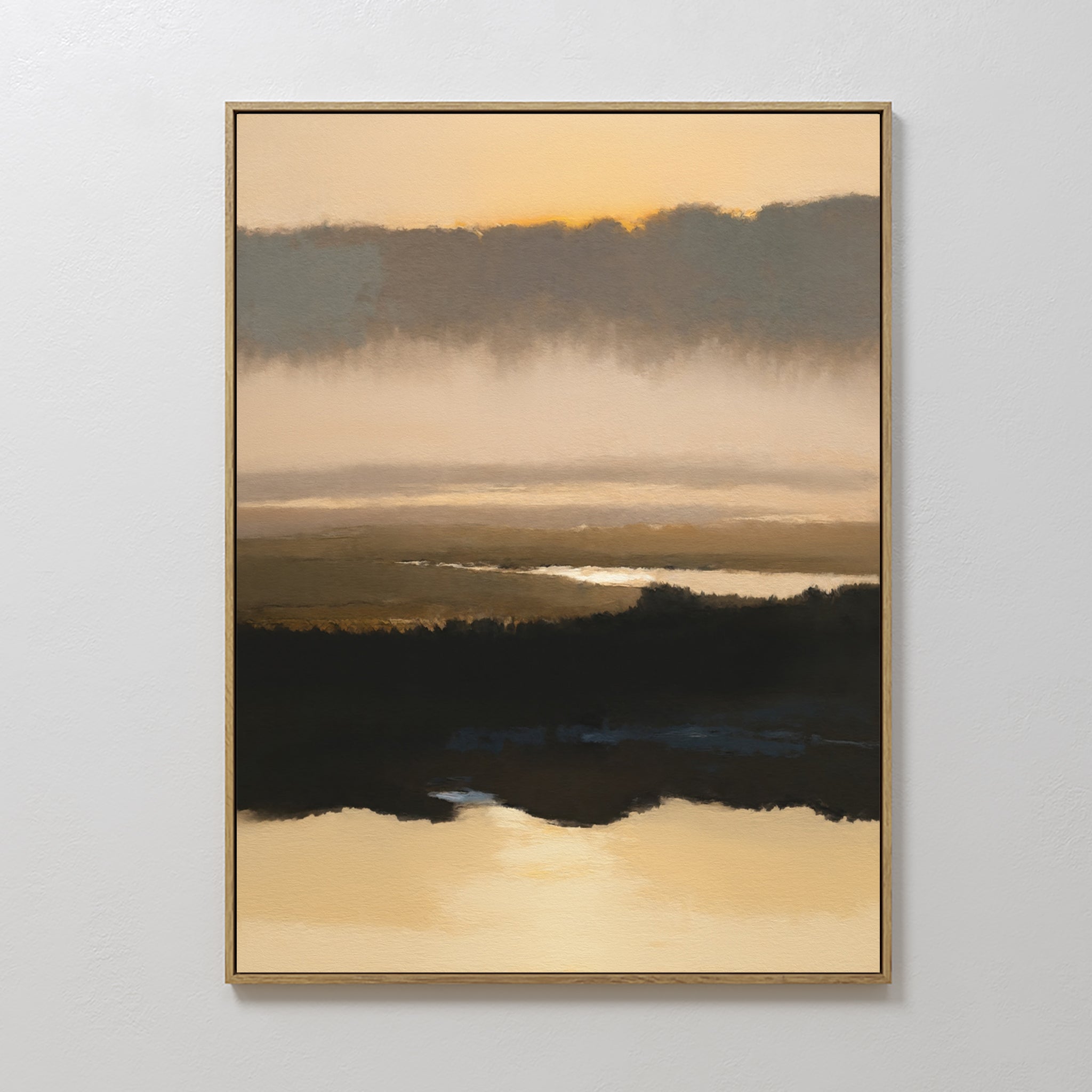 The Layered Valley Dawn Canvas Art - Vertical features a peaceful sunrise with golden skies, soft clouds, and reflective water bordered by dark valleys—an ideal tranquil wall art piece for any space.