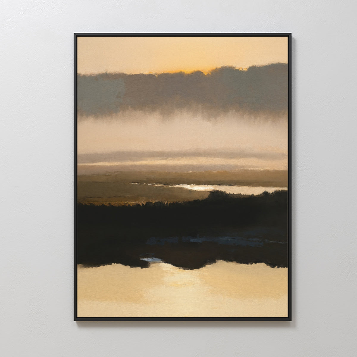 The Layered Valley Dawn Canvas Art - Vertical features a serene Nordic landscape with golden and brown tones, soft clouds, and watery reflections at sunrise or sunset, beautifully framed and displayed on a white wall.