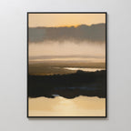 The Layered Valley Dawn Canvas Art - Vertical features a serene Nordic landscape with golden and brown tones, soft clouds, and watery reflections at sunrise or sunset, beautifully framed and displayed on a white wall.