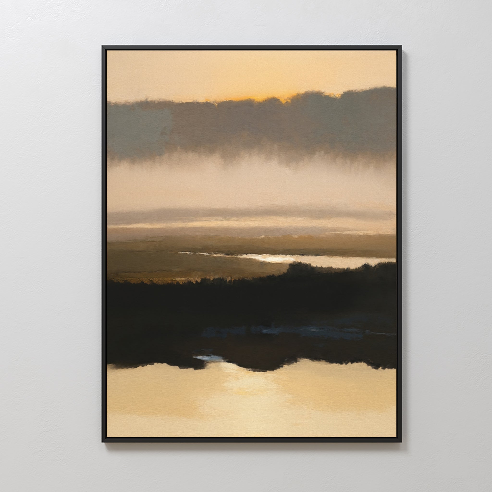 The Layered Valley Dawn Canvas Art - Vertical features a serene Nordic landscape with golden and brown tones, soft clouds, and watery reflections at sunrise or sunset, beautifully framed and displayed on a white wall.