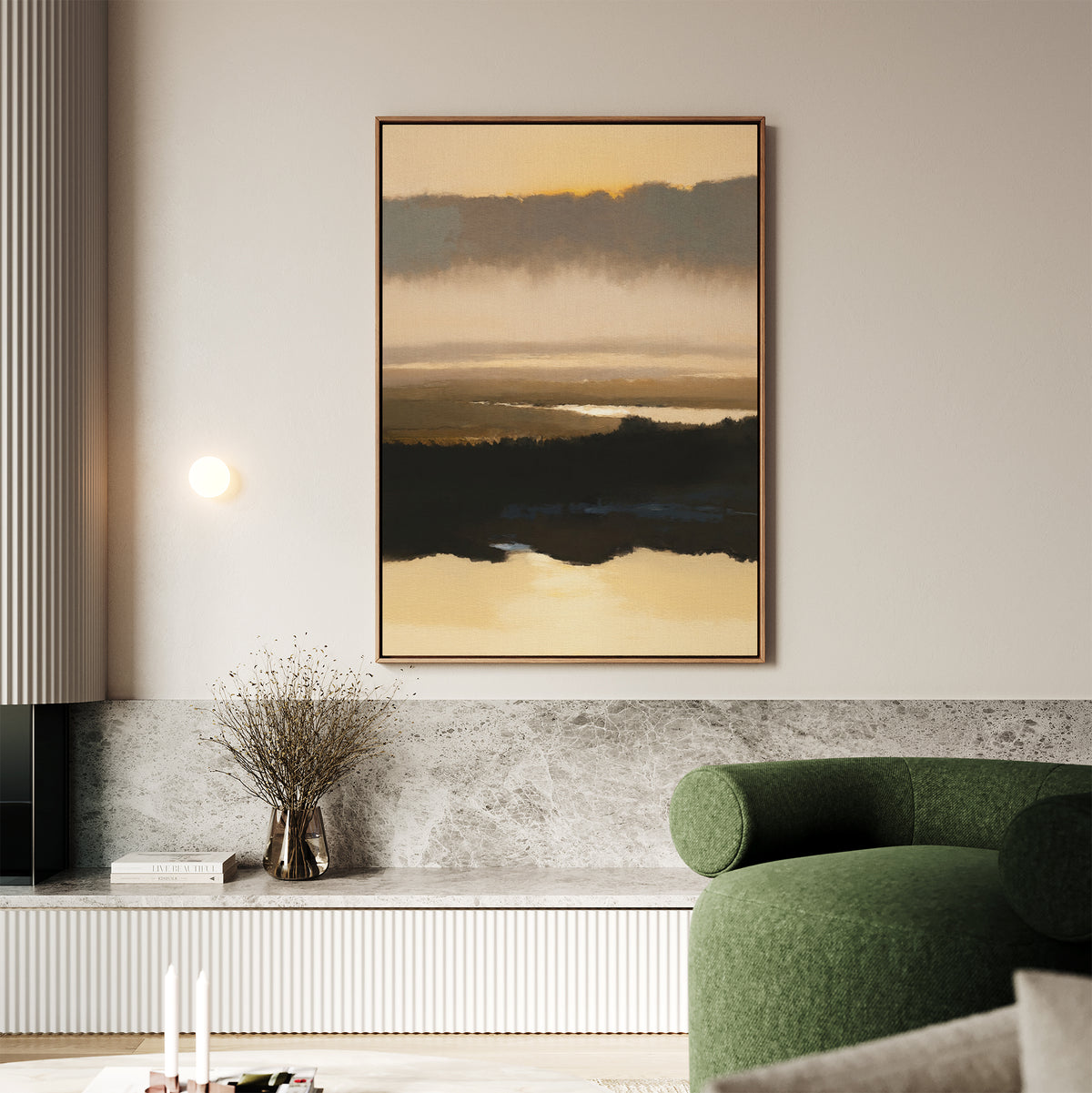 A modern living room features the Layered Valley Dawn Canvas Art - Vertical on the wall, a green curved sofa, marble shelf with dried florals, and minimalist neutral decor.