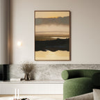 A modern living room features the Layered Valley Dawn Canvas Art - Vertical on the wall, a green curved sofa, marble shelf with dried florals, and minimalist neutral decor.
