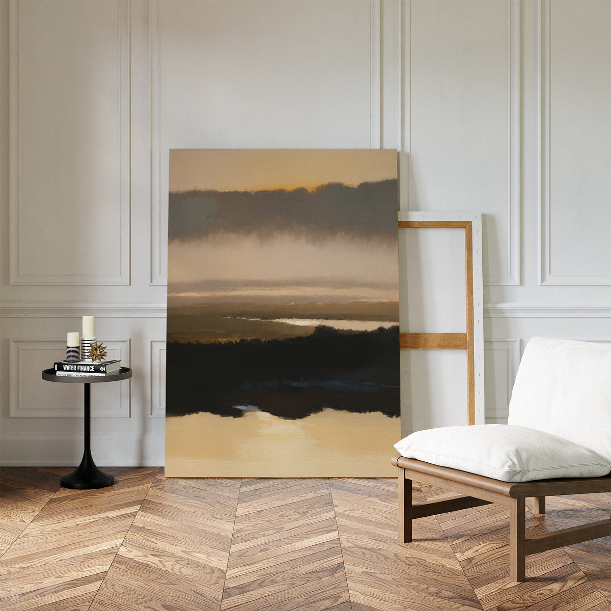 A modern space with herringbone wood floors, white paneled walls, a cushioned wooden chair, black round side table, and the tranquil Layered Valley Dawn Canvas Art - Vertical resting against the wall.