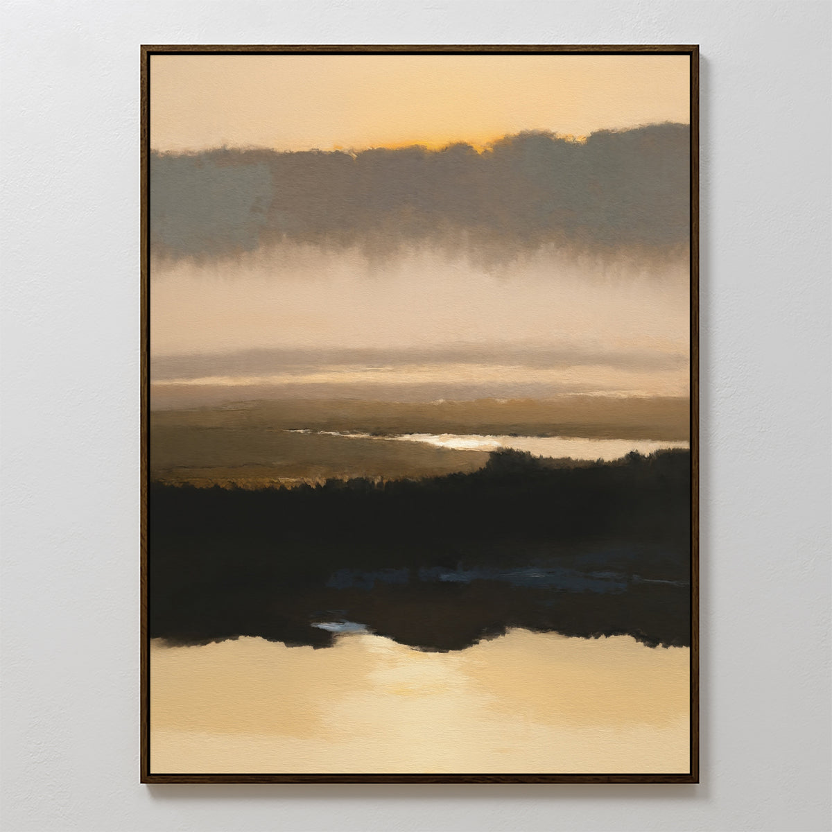 The Layered Valley Dawn Canvas Art - Vertical features a serene landscape at dawn with dark silhouettes, reflective water, misty layers, and a golden sky—an ideal tranquil wall art piece for any room.
