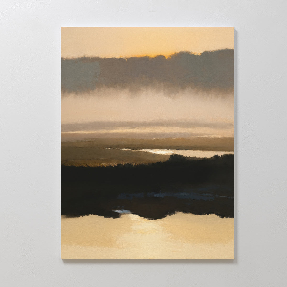 Layered Valley Dawn Canvas Art - Vertical showcases a serene landscape at sunrise with calm water, grassy fields, and soft orange hues. Misty tree silhouettes and warm, muted tones evoke a peaceful Nordic Park ambiance.