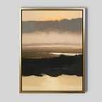 The Layered Valley Dawn Canvas Art - Vertical features a serene sunset landscape with golden light, misty clouds, and reflections over calm water. Framed in gold with a thin black border, it’s elegant, tranquil wall decor.