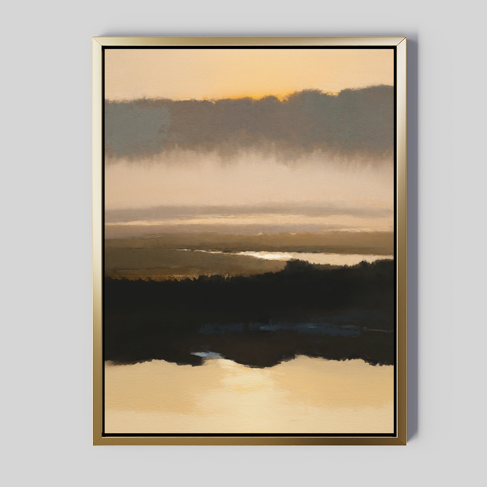 The Layered Valley Dawn Canvas Art - Vertical features a serene sunset landscape with golden light, misty clouds, and reflections over calm water. Framed in gold with a thin black border, it’s elegant, tranquil wall decor.
