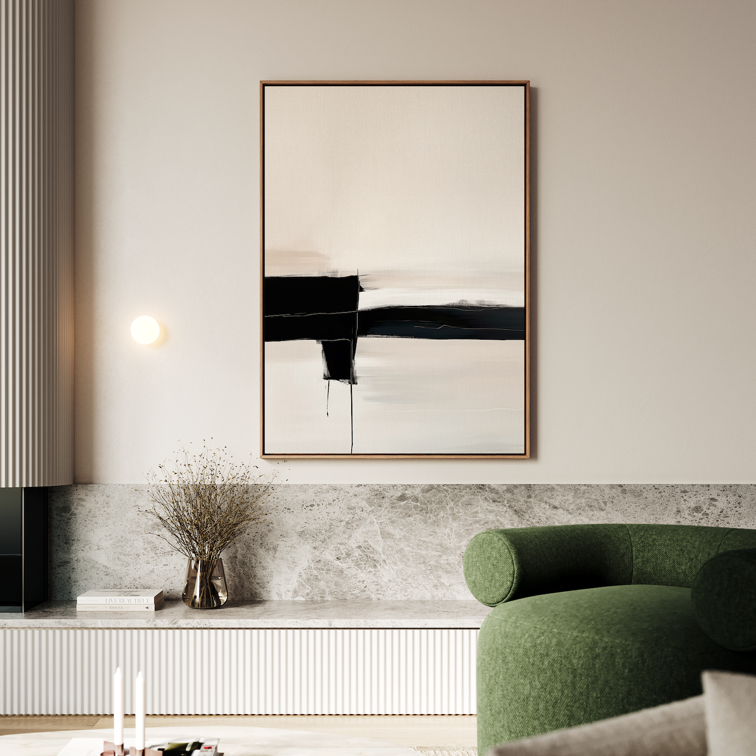 A modern living room featuring the Monochrome Horizon Abstract Canvas Art, a marble shelf with a vase of dried flowers, and a green upholstered chair—perfect for those seeking sophisticated, minimalist decor.