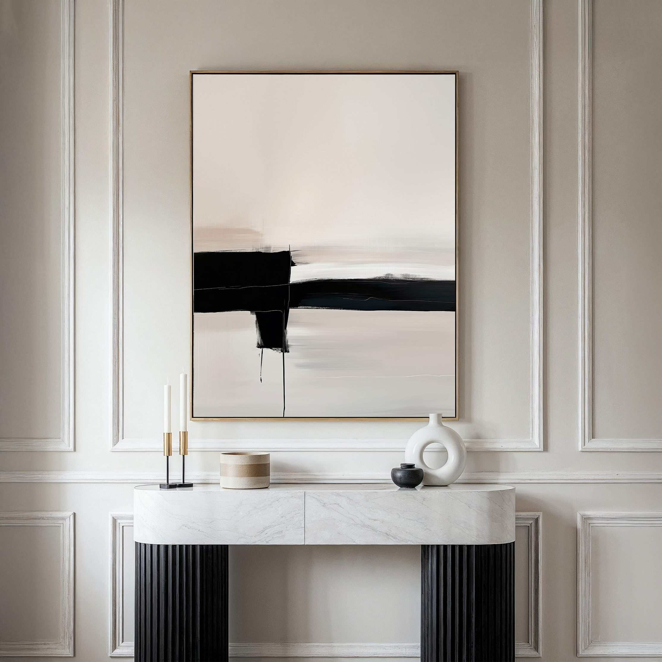 A modern, minimalist room features a marble console table with the Monochrome Horizon Abstract Canvas Art above and decorative objects like candles, a round container, and a smooth white vase—an elegant touch for living room decor.