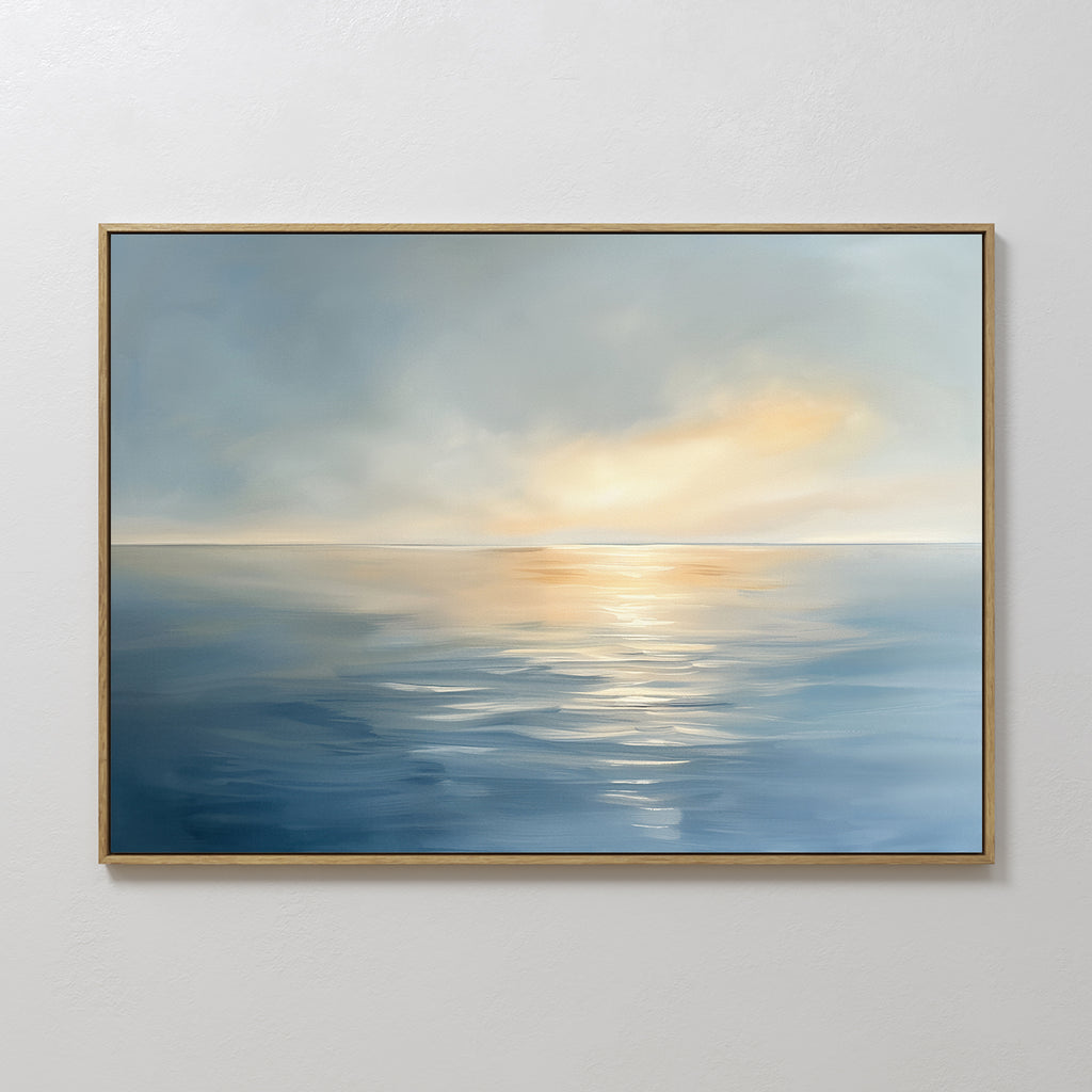 The Luminous Calm Canvas Art - Horizontal features a serene sea with gentle ripples and soft sunlight under a cloudy sky, in warm yellow and blue tones, bringing a calming vibe to any white wall.