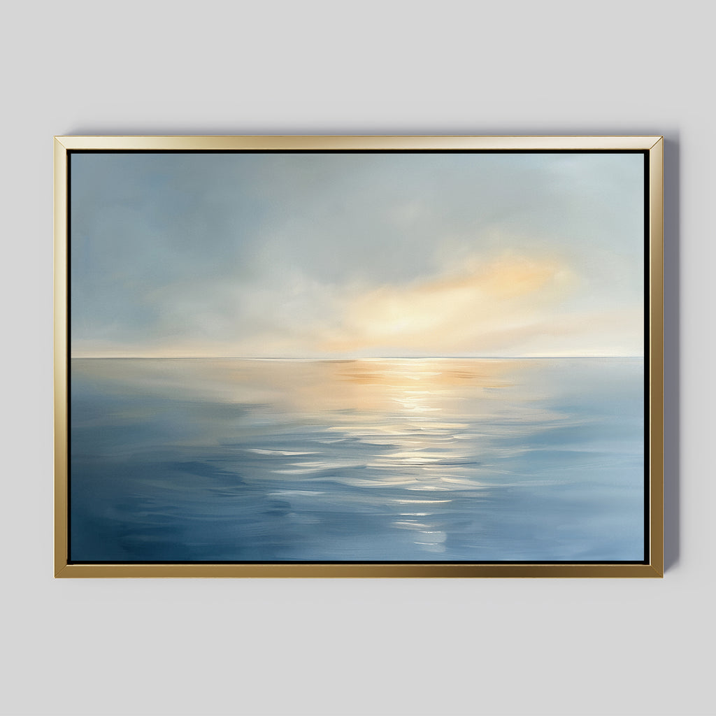 Luminous Calm Canvas Art - Horizontal features a tranquil sea at sunrise or sunset, with gentle blue waves reflecting soft sky light. The coastal colors evoke a peaceful, serene atmosphere, perfect for any relaxing space.