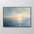 The Luminous Calm Canvas Art - Horizontal features gentle ocean waves under a pastel sky, with sunlight through clouds and a soothing palette of blue, white, and pale yellow for a peaceful coastal vibe.