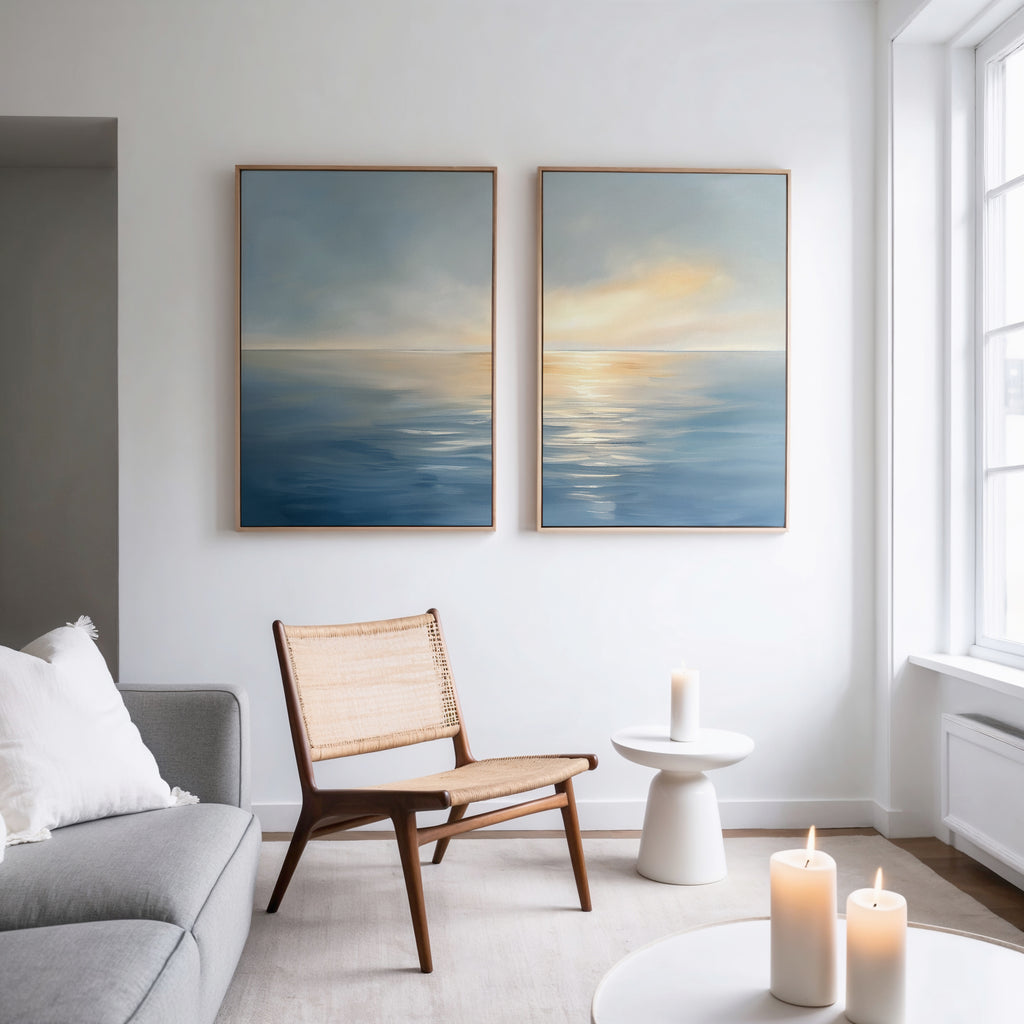 A minimal, modern living room features the Luminous Calm - Set of 2 canvas prints of a tranquil sea at sunset above a wooden chair and round table with candles, white pillows, and soft lighting for a serene coastal vibe.