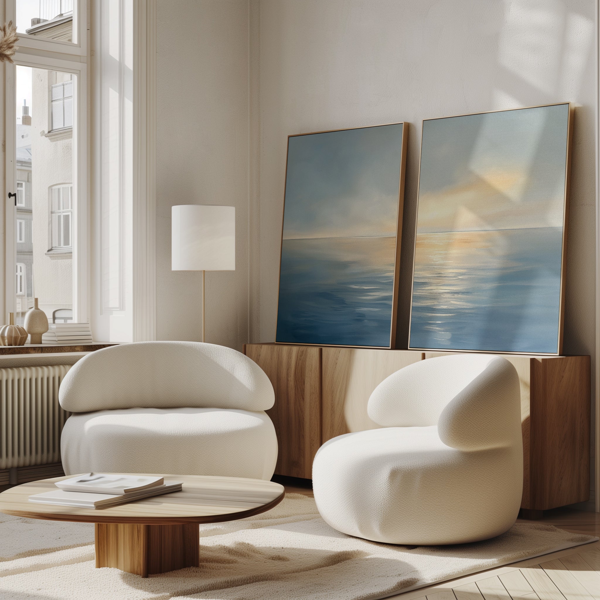 A bright, modern living room features two white curved armchairs, a round wooden coffee table, a wooden sideboard, and "Luminous Calm - Set of 2" canvas prints in coastal hues. Natural light enhances the serene atmosphere.