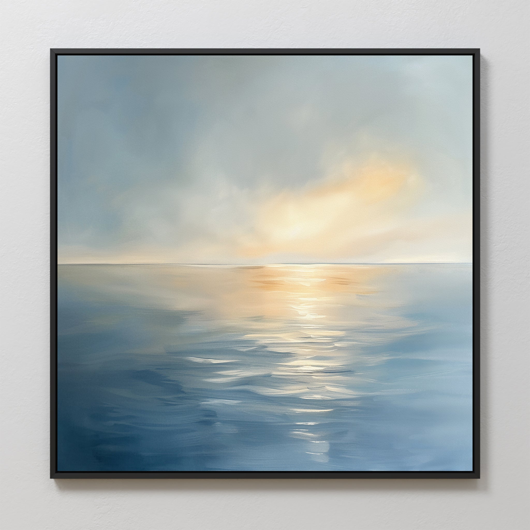 Luminous Calm Canvas Art - Square: A framed canvas print featuring a tranquil ocean with gentle ripples, reflecting soft pastel hues of sunrise or sunset in a serene coastal scene.